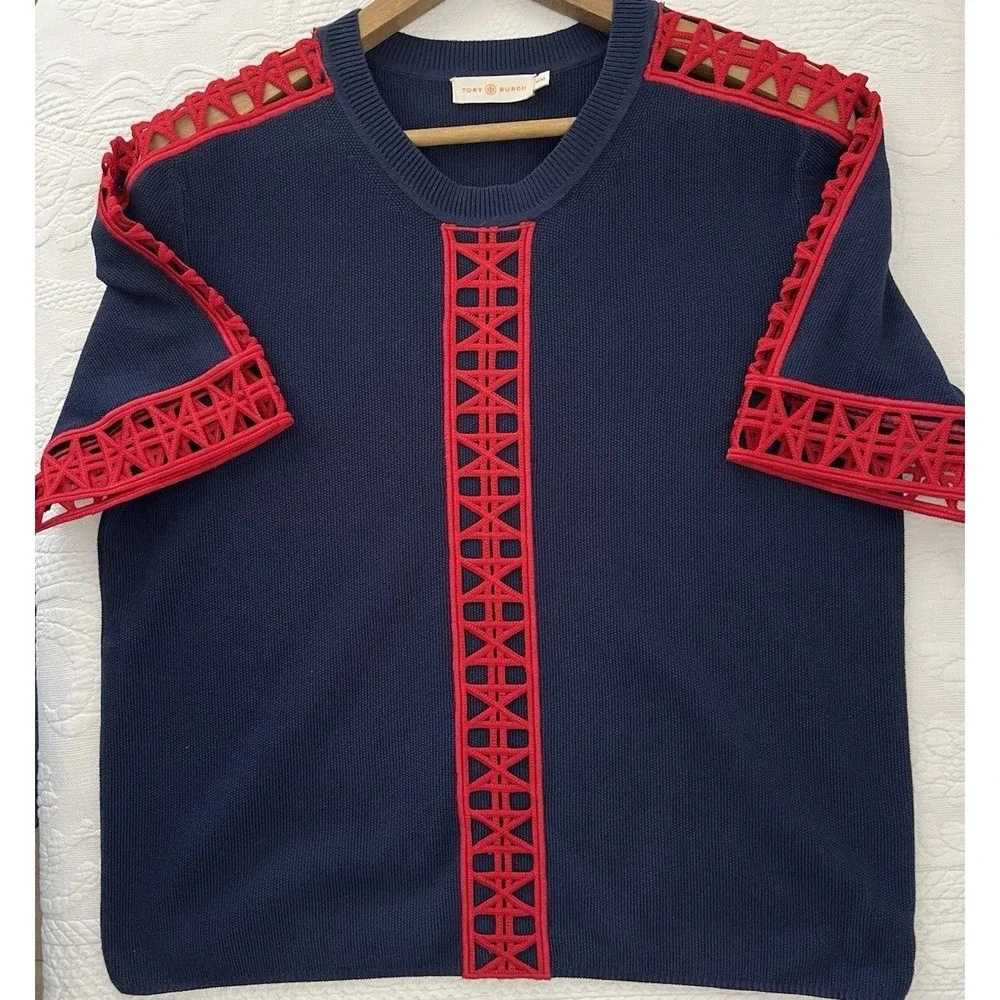 Tory Burch Knit Cotton Navy Blue Red Geo Cut Out Knit Yacht Top Blouse Coastal M
